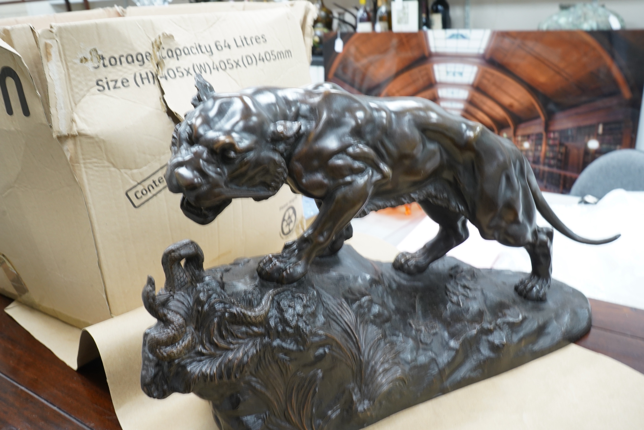 Varnier - Bronzed metal panther and snake, 62cm wide x 36cm high
